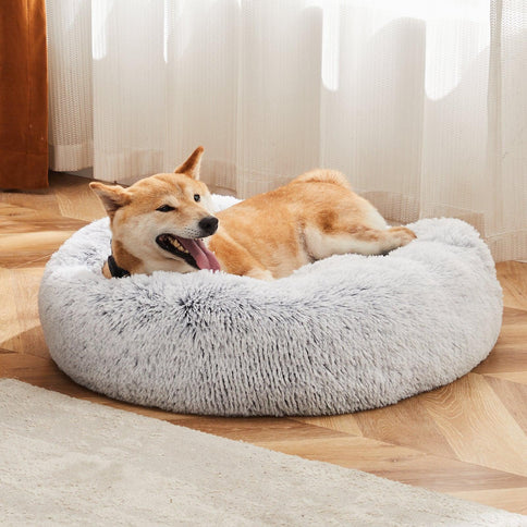 Cozy 24 inch plush faux fur cat bed, designed for pets up to 25 lbs, featuring soft, anti-slip design for maximum comfort