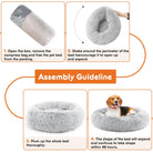 Assembly guide for a plush faux fur cat bed, showing steps to expand and shape the cozy round pet bed