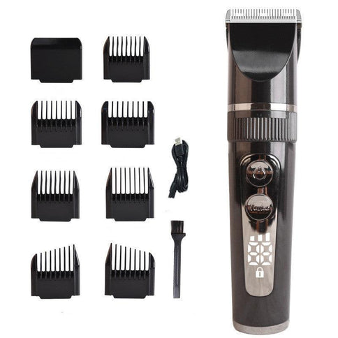 LCD display USB electric clippers with eight guide combs, a cleaning brush, and charging cable for versatile grooming