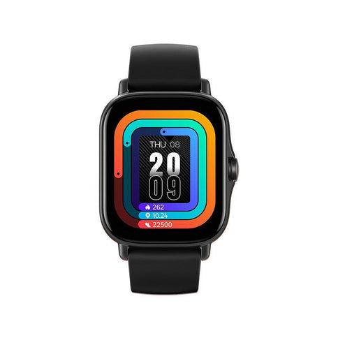 Colorful display of the GT20 Bluetooth smart watch for exercise showing time, steps, and notifications on a sleek black strap