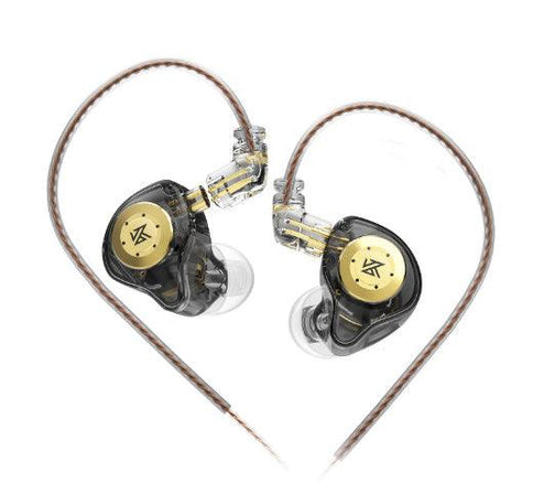 Stylish KZ EDX Pro earphones featuring a bass-enhanced design with transparent casing and gold accents, perfect for sports use