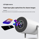 Compact projector for home theater featuring a triple-layer glass optical lens and automatic focus for clearer images