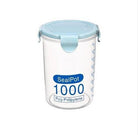 Transparent sealed plastic food storage container with a blue lid and measurement markings, ideal for household use