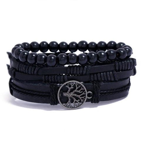 Stylish Tree of Life leather bracelet for men featuring black leather and bead accents, perfect for casual or formal occasions.