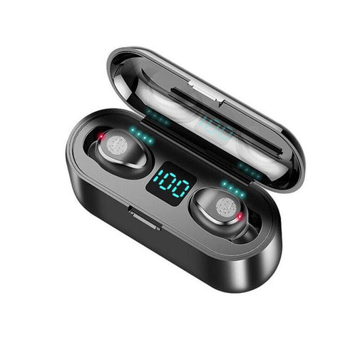 Wireless waterproof Bluetooth headphones in charging case with digital display and LED indicators for sports activities