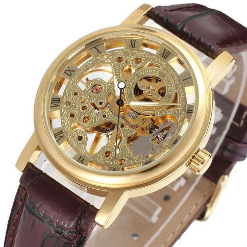 Elegant automatic watches for men with a transparent skeleton dial and a gold-tone case, paired with a brown leather strap