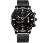 Stylish business mesh band watch for men featuring a black dial and chronograph design with gold accents