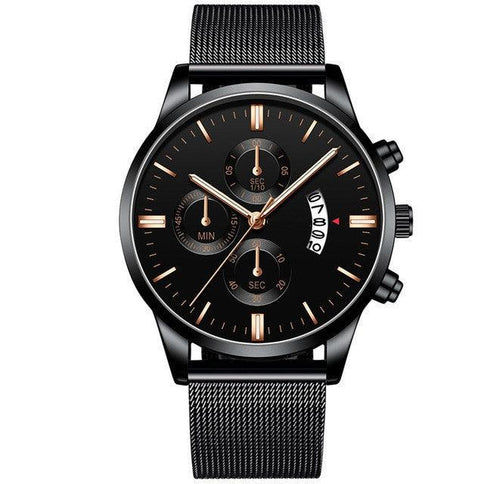 Stylish business mesh band watch for men featuring a black dial and chronograph design with gold accents