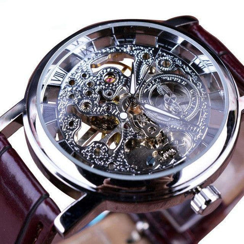 Men's automatic watches with a transparent skeleton design showcasing intricate mechanical details and a polished silver case