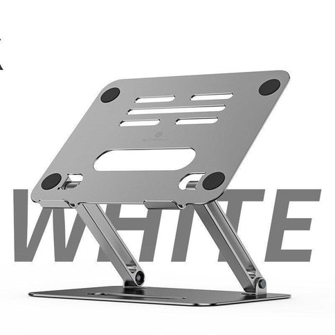 Foldable aluminum laptop stand with adjustable height and ventilation holes for better airflow in modern design