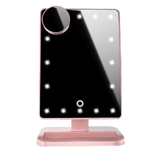 Touch screen makeup mirror featuring 20 LED lights and a Bluetooth music speaker for enhancing your beauty routine