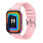 Stylish pink blood pressure smart watch with colorful display showing time and health metrics like heart rate and steps