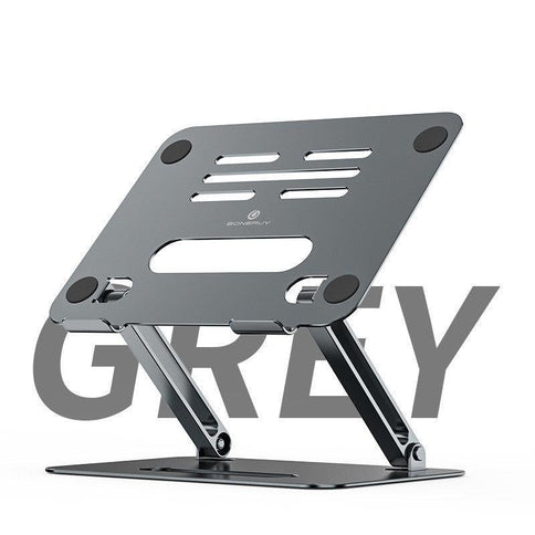 Foldable aluminum laptop stand in grey with adjustable height for ergonomic desk setup and improved airflow