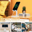 Adjustable cell phone stand in white, designed for convenient charging, perfect for home or travel use