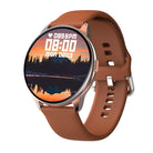 Y90 Smart Watch GPS with a round display showing time and health metrics, featuring a stylish brown strap and scenic background