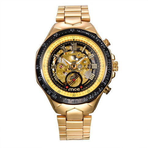 Luxurious men's mechanical watches featuring a gold stainless steel bracelet and an intricate skeleton dial design