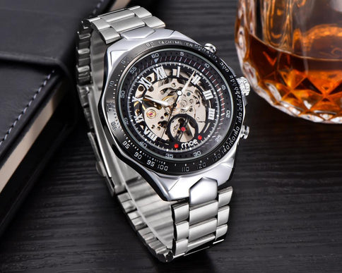 Stylish men's mechanical watches with a transparent dial and stainless steel bracelet, showcasing intricate gears