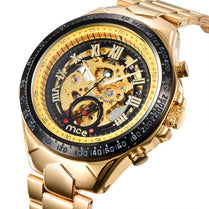 Stylish men's mechanical watches featuring a gold-tone case, black dial with Roman numerals, and intricate skeletal design.