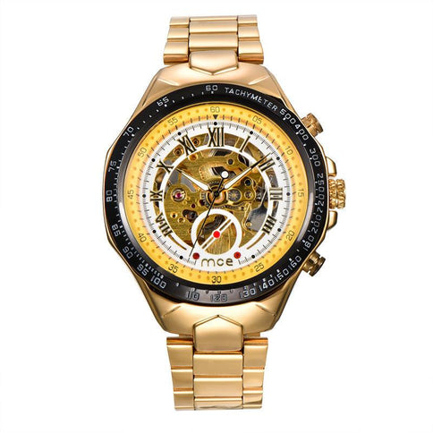 Stylish men's mechanical watches with a gold-tone design, open dial showcasing intricate gears and a tachymeter scale