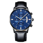 Luxury men's chronograph watch featuring a blue dial, black leather strap, and multiple sub-dials for accurate timekeeping