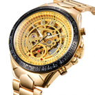 Gold men's mechanical watches featuring a transparent dial and intricate skeleton design, perfect for style and precision