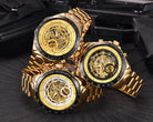 Three elegant men's mechanical watches with gold detailing and intricate skeleton designs, showcasing precise craftsmanship