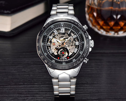 Stylish men's mechanical watches featuring a transparent case, intricate gears, and a silver stainless steel bracelet, perfect for any occasion