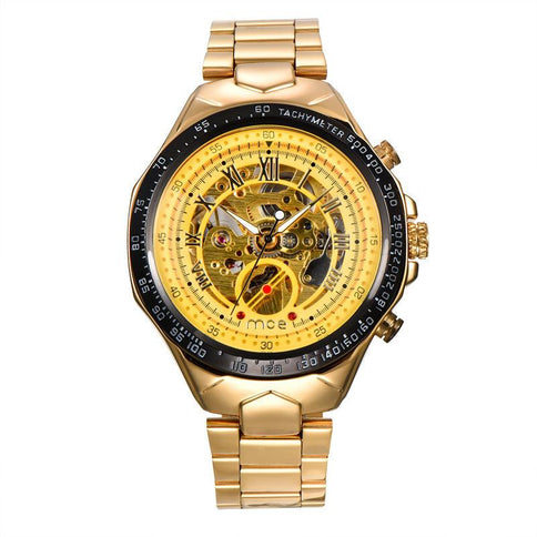 Stylish men's mechanical watches featuring a gold-tone stainless steel band and intricate skeleton dial design