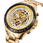 Stylish men's mechanical watches featuring a gold case, transparent dial, and intricate gear design for a sophisticated look