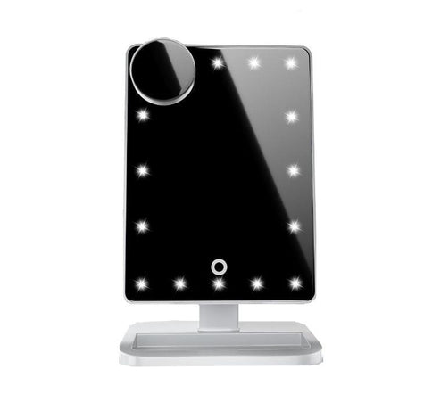 Touch screen makeup mirror featuring 20 LED lights and a Bluetooth music speaker for a stylish beauty experience