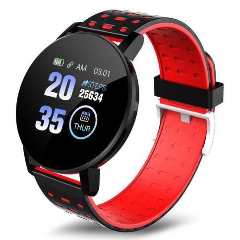 Stylish water-resistant Bluetooth smart watch with a round display, red and black strap, showing time and fitness data