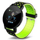 Water-resistant Bluetooth smart watch with a stylish black and green strap, featuring a digital display for fitness tracking