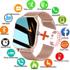 Stylish blood pressure smart watch displaying heart rate and step count features with notifications and a sleek metal band