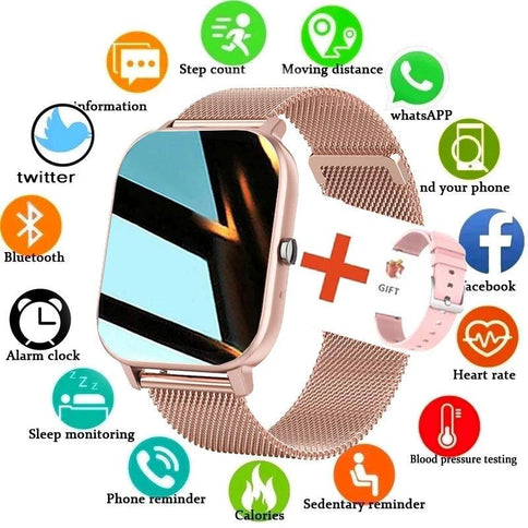 Stylish blood pressure smart watch displaying heart rate and step count features with notifications and a sleek metal band