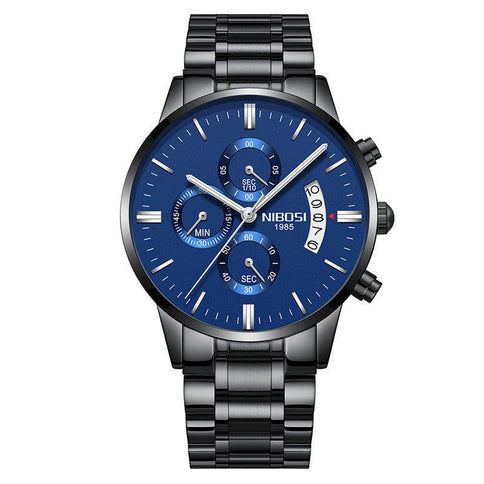 Luxury men's chronograph watch featuring a sleek blue dial, three subdials, and a stylish black stainless steel band