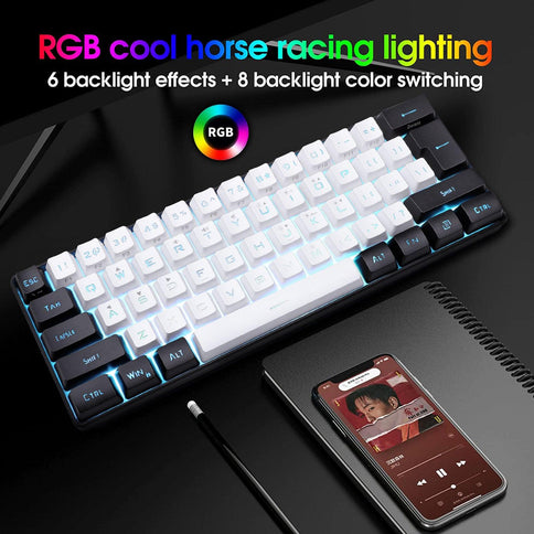 Compact 61-key compact keyboard with RGB lighting effects, featuring sleek key design and multimedia controls