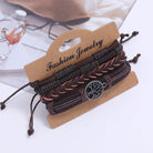 Stylish Tree of Life leather bracelet for men featuring woven and braided designs with an antique charm on a display card