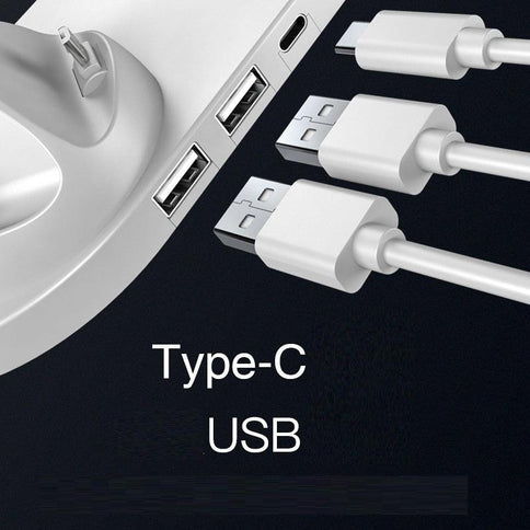 Close-up of a 6 in 1 charging dock station showing USB and Type-C ports for seamless device charging