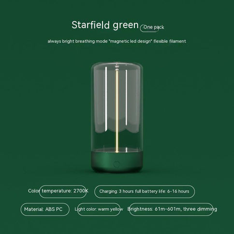 Starlit green rechargeable LED camping light with a magnetic design, featuring adjustable brightness and a modern look for outdoor adventures.