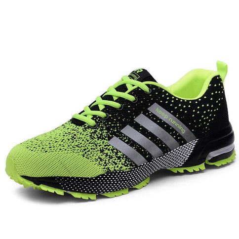 Stylish lightweight breathable casual shoes for men and women in vibrant green and black, featuring a mesh upper and cushioned sole