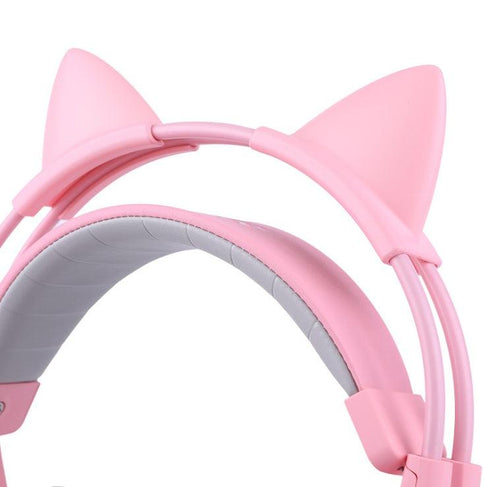 Stylish pink USB gaming headset with LED cat ears design, featuring soft padding for comfort during long gaming sessions