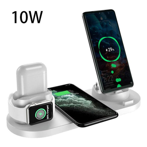 6 in 1 charging dock station featuring slots for iPhone, Apple Watch, and wireless charging for convenience and fast charging