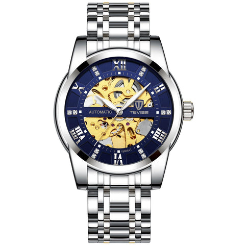 Tevise men's automatic watch with gold accents featuring a blue dial and skeleton design, complemented by a silver stainless steel bracelet.