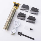 Professional electric hair clippers with an ornate design, USB charging cable, four comb attachments, oil, and cleaning brush