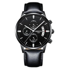 Luxury men's chronograph watch featuring a black dial, silver accents, and a sleek black leather strap for stylish timekeeping