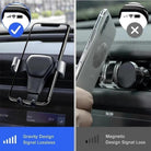 Universal gravity phone mount displayed in car air vent, showcasing secure grip and stable design for smartphones and GPS devices