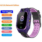 Purple children's smart watch featuring a camera, flashlight, and two-way talk for safety and fun, perfect for kids