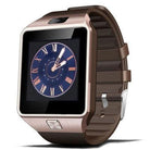 DZ09 smart watch for fitness featuring a stylish design with a brown strap and a vibrant round display showing Roman numerals.