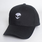 Black alien head baseball cap with embroidered alien design, perfect for casual wear and UFO enthusiasts