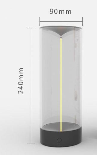 Rechargeable LED camping light rechargeable with a modern cylindrical design, measuring 240mm tall and 90mm wide, perfect for outdoor adventures.